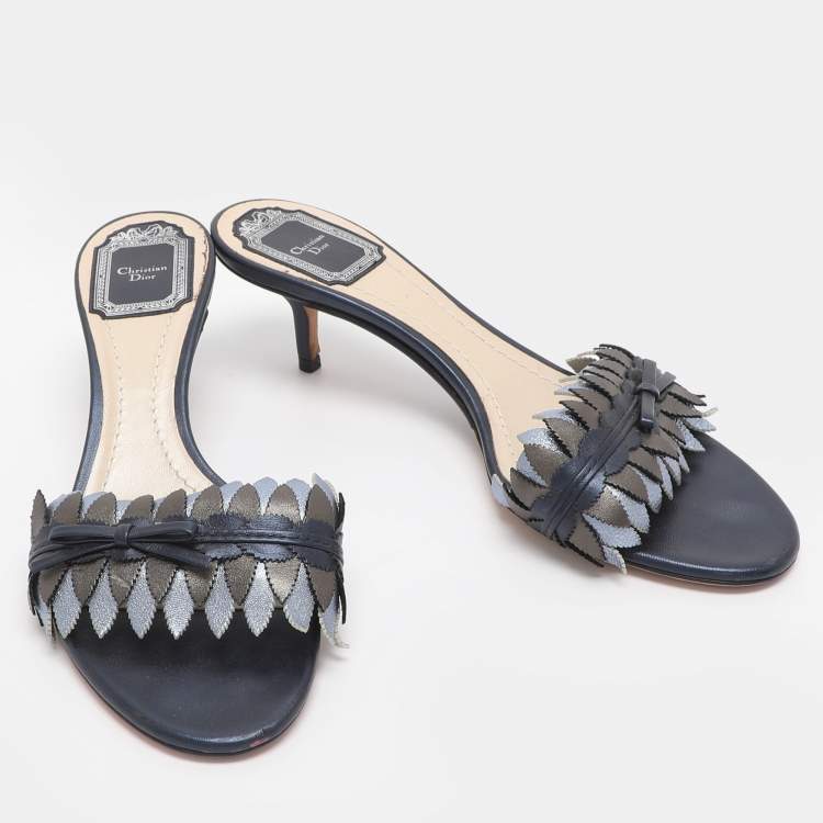 Pre Owned Dior Metallic Blue Leather Cut Out Flat Slide Sandals Size 37