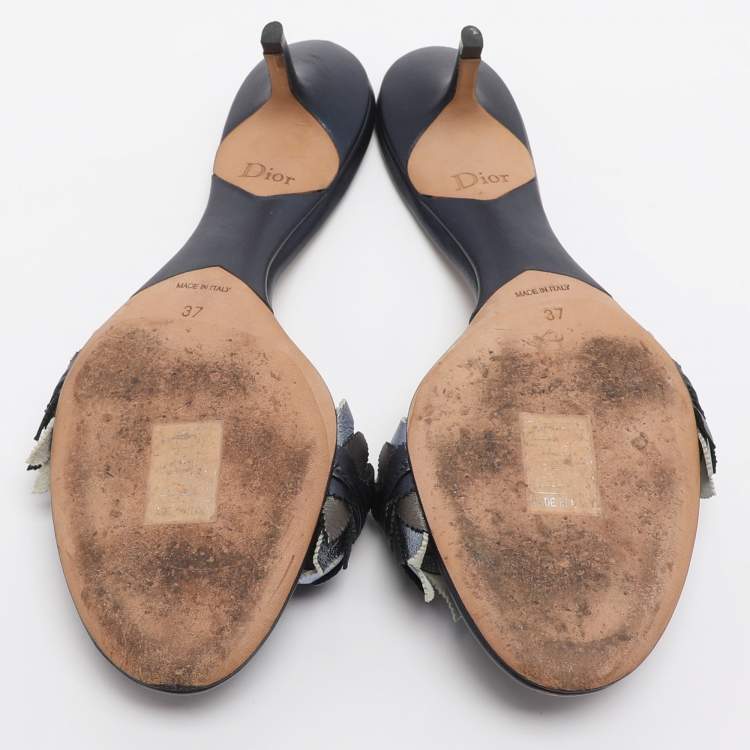 Pre Owned Dior Metallic Blue Leather Cut Out Flat Slide Sandals Size 37