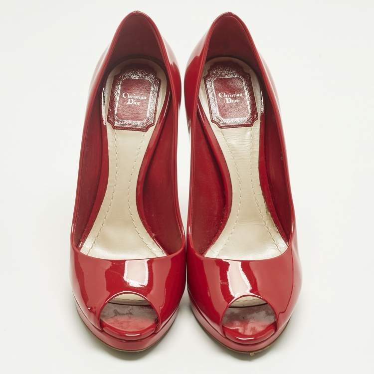Pre Owned Dior Red Patent Leather Miss Dior Peep Toe Pumps Size 38