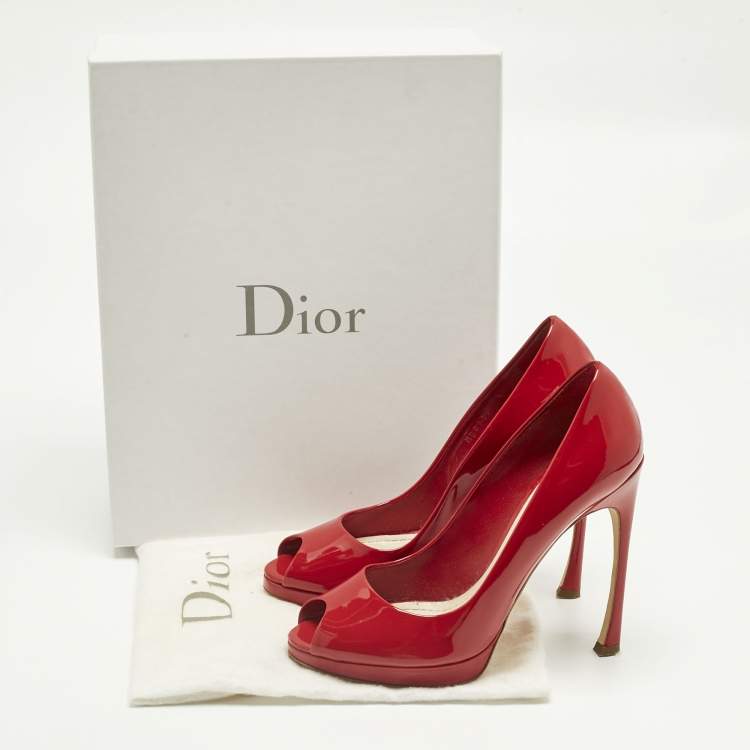 Pre Owned Dior Red Patent Leather Miss Dior Peep Toe Pumps Size 38