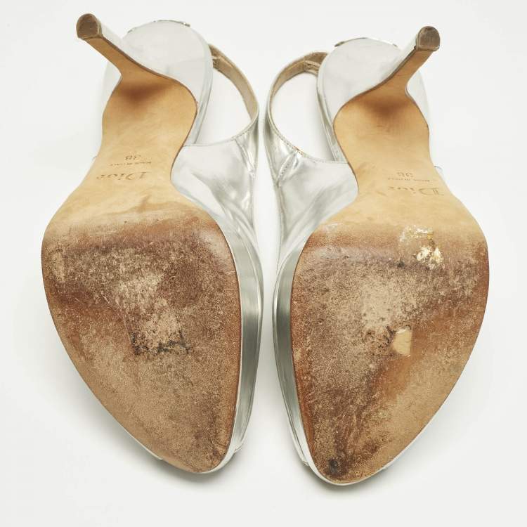 Pre Owned Dior Silver Patent Leather Peep Toe Slingback Pumps Size 38