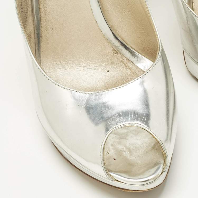 Pre Owned Dior Silver Patent Leather Peep Toe Slingback Pumps Size 38