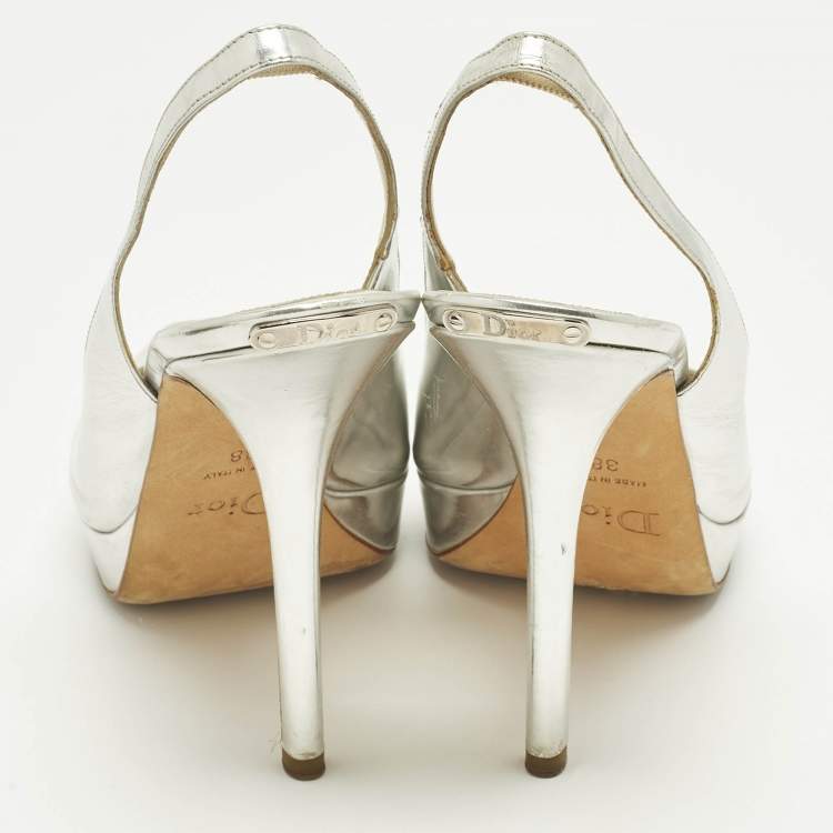 Pre Owned Dior Silver Patent Leather Peep Toe Slingback Pumps Size 38