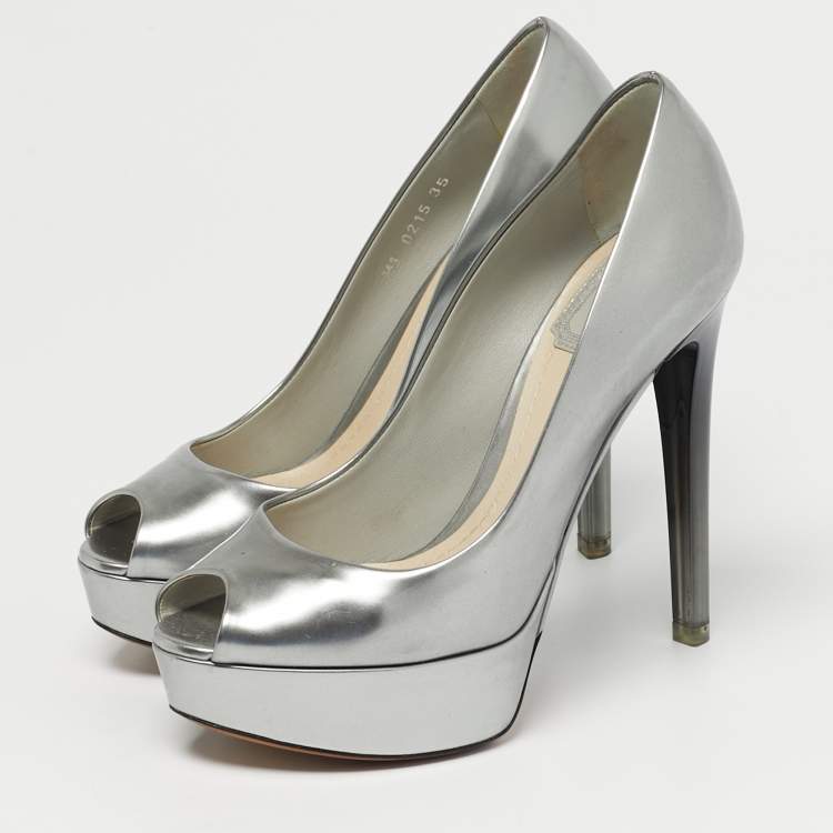 Pre Owned Dior Silver Patent Leather Miss Dior Peep Toe Pumps Size 35