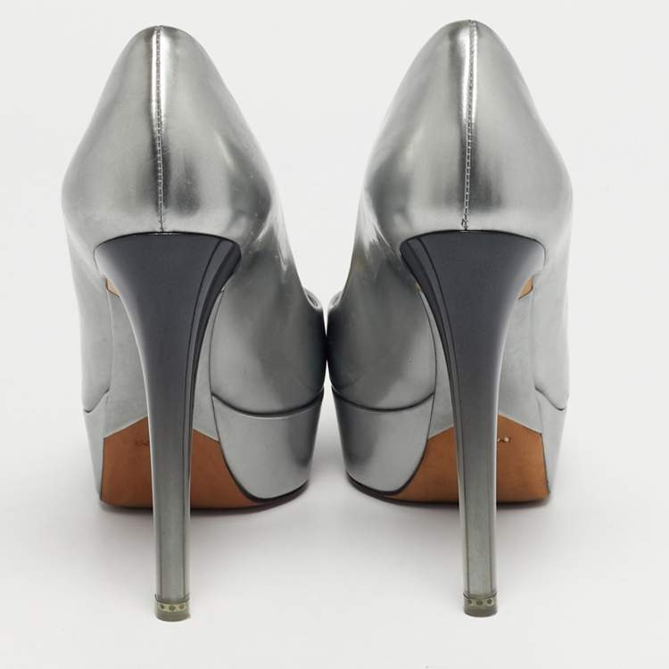 Pre Owned Dior Silver Patent Leather Miss Dior Peep Toe Pumps Size 35