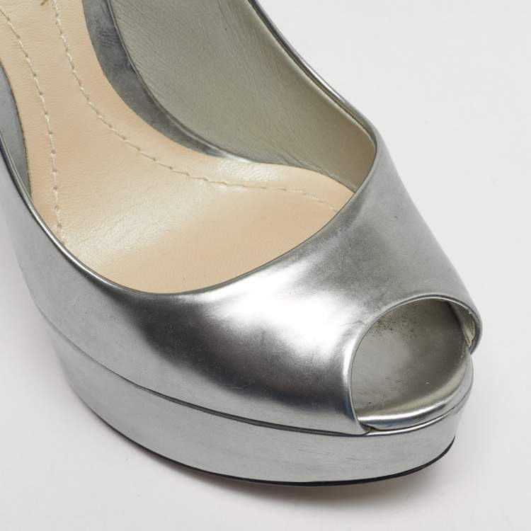 Pre Owned Dior Silver Patent Leather Miss Dior Peep Toe Pumps Size 35