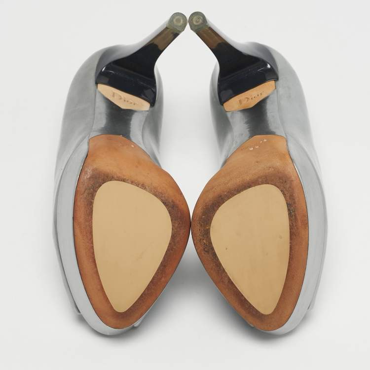 Pre Owned Dior Silver Patent Leather Miss Dior Peep Toe Pumps Size 35