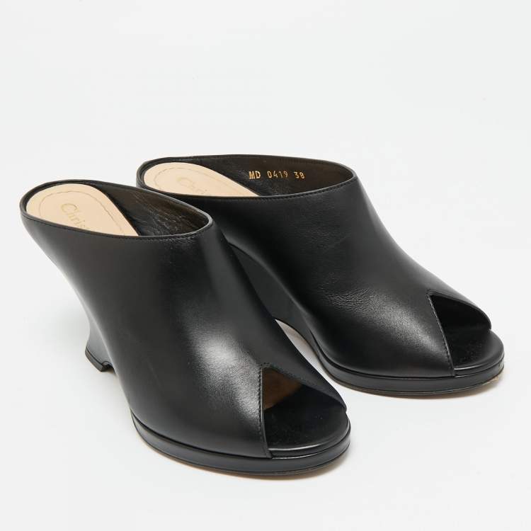 Pre Owned Dior Black Leather Peep Toe Wedge Slide Sandals Size 38