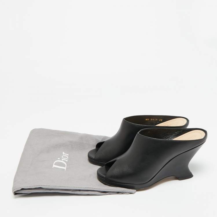 Pre Owned Dior Black Leather Peep Toe Wedge Slide Sandals Size 38