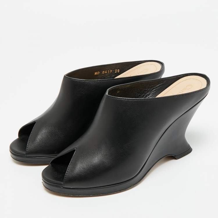 Pre Owned Dior Black Leather Peep Toe Wedge Slide Sandals Size 38