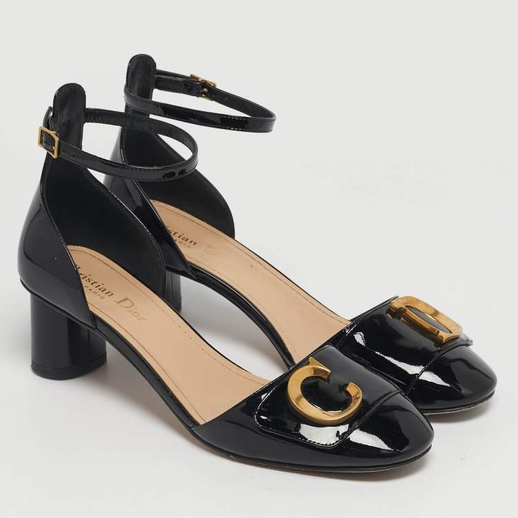 مملوكة مسبقًا Dior Black Patent Leather D'cest Ankle Strap Sandals Size 38