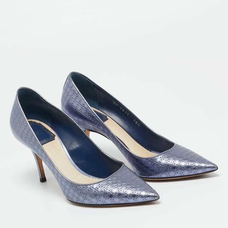 Pre Owned Dior Metallic  Blue Patent Leather Cherie Pointed Toe Pumps Size 36.5