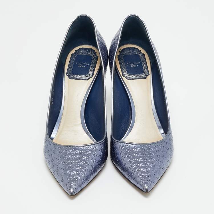Pre Owned Dior Metallic  Blue Patent Leather Cherie Pointed Toe Pumps Size 36.5