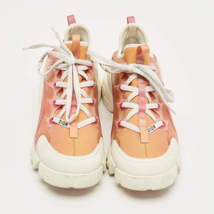 Pre Owned Dior White/Orange Fabric and PVC D-Connect Lace Up Sneakers Size 39