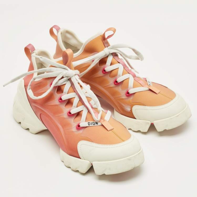 Pre Owned Dior White/Orange Fabric and PVC D-Connect Lace Up Sneakers Size 39