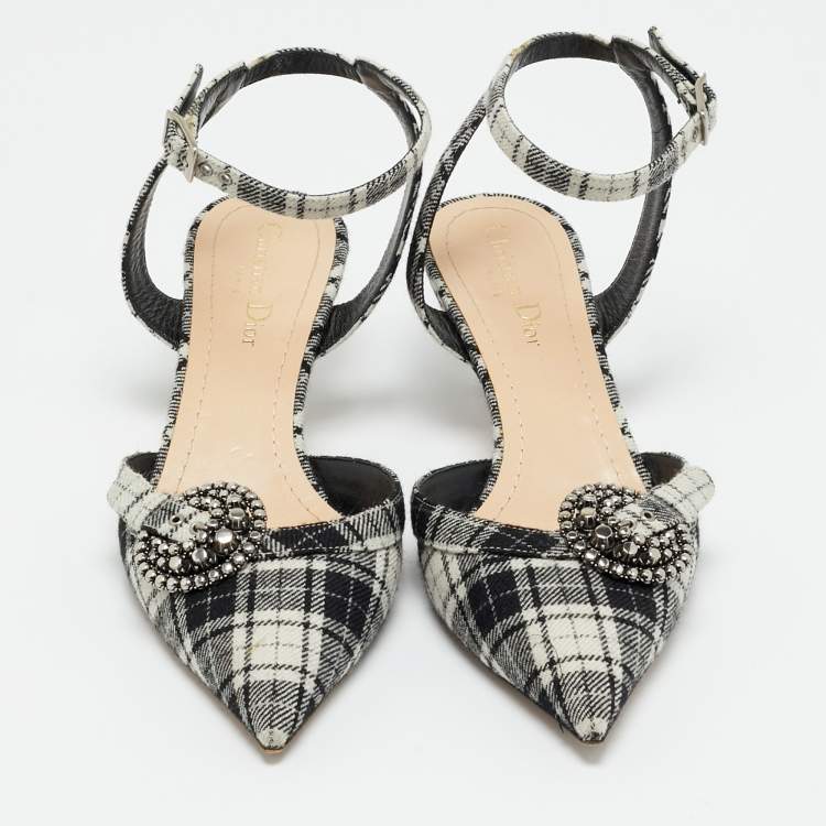 Pre Owned Dior Tartan Gang Size 38.5 Multicolor Brocade Fabric Ankle Strap Pumps