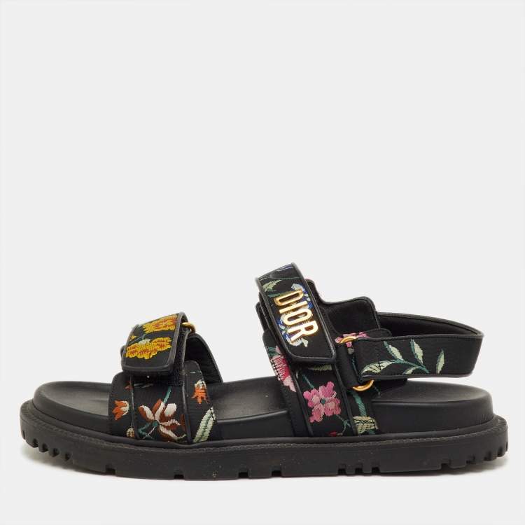 Pre Owned Dior DiorAct Size 38 Black Floral Fabric Ankle Strap Sandals