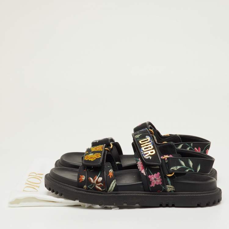 Pre Owned Dior DiorAct Size 38 Black Floral Fabric Ankle Strap Sandals