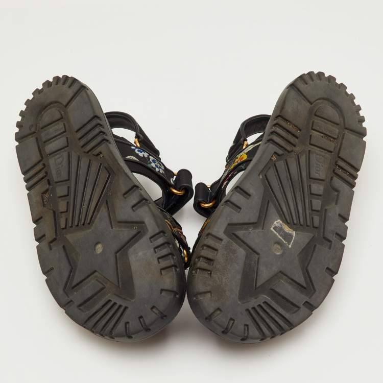 Pre Owned Dior DiorAct Size 38 Black Floral Fabric Ankle Strap Sandals