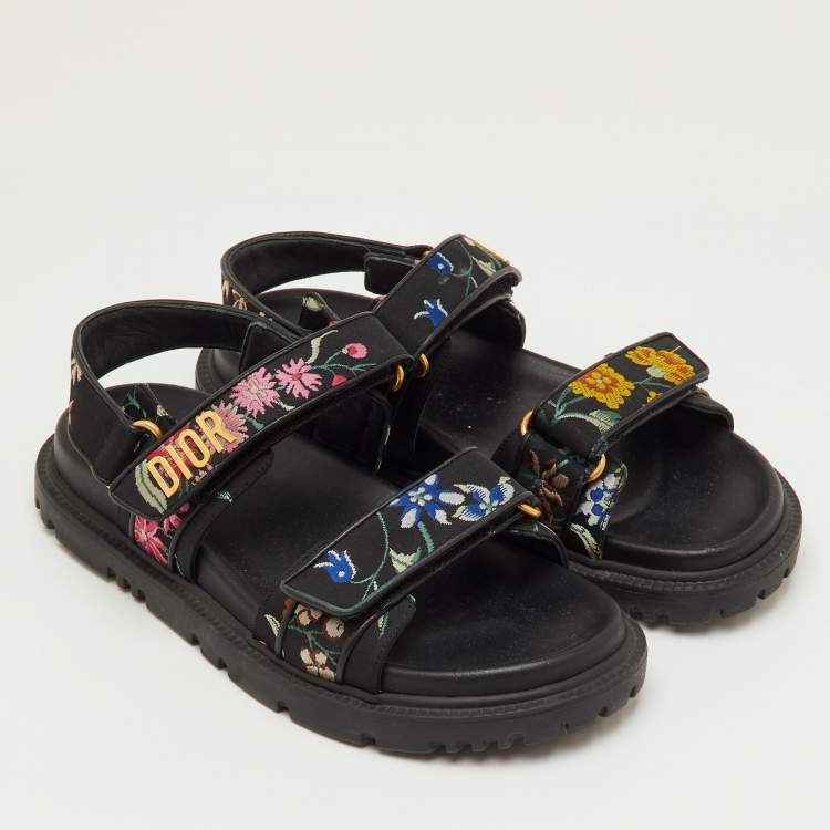 Pre Owned Dior DiorAct Size 38 Black Floral Fabric Ankle Strap Sandals