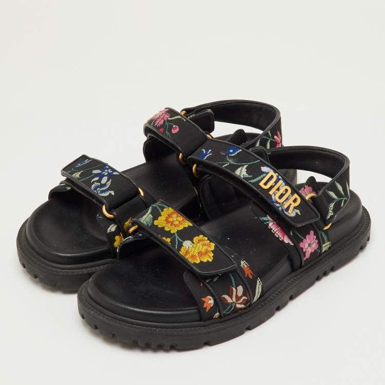 Pre Owned Dior DiorAct Size 38 Black Floral Fabric Ankle Strap Sandals