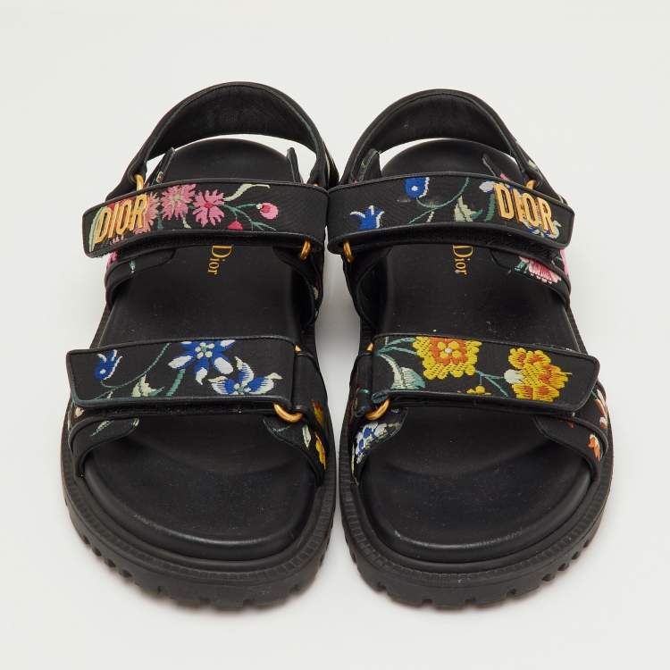 Pre Owned Dior DiorAct Size 38 Black Floral Fabric Ankle Strap Sandals