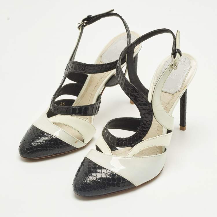 Pre Owned Dior Size 36 Black Patent Leather and Python Leather Ankle Strap Sandals