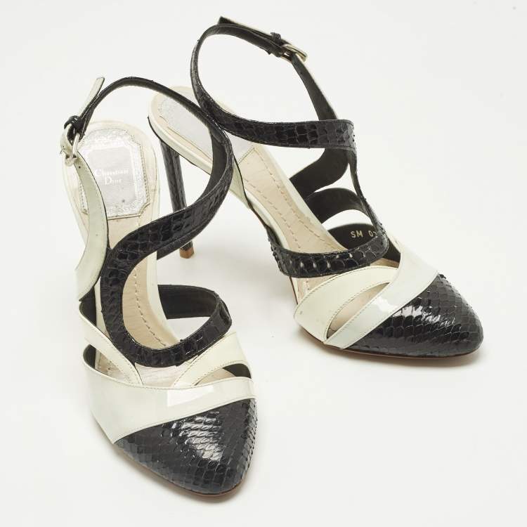 Pre Owned Dior Size 36 Black Patent Leather and Python Leather Ankle Strap Sandals