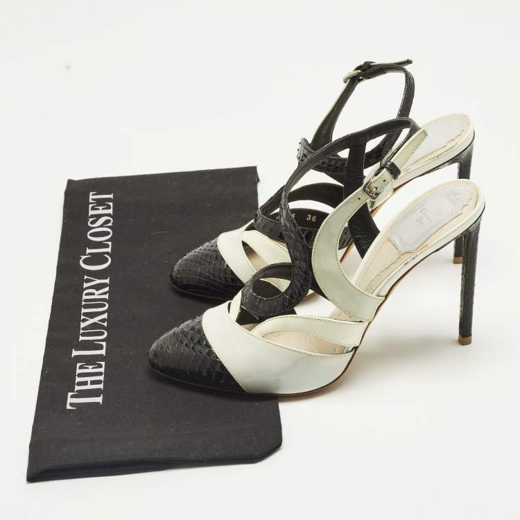 Pre Owned Dior Size 36 Black Patent Leather and Python Leather Ankle Strap Sandals