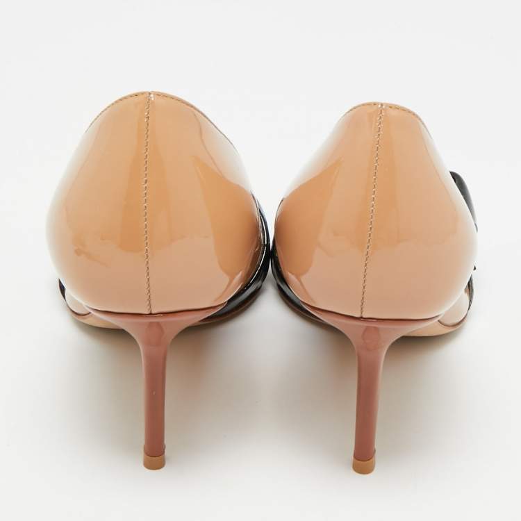 Pre Owned Dior Buckle Bow  Beige/Black Patent Leather Pointed Toe Pumps Size 37.5