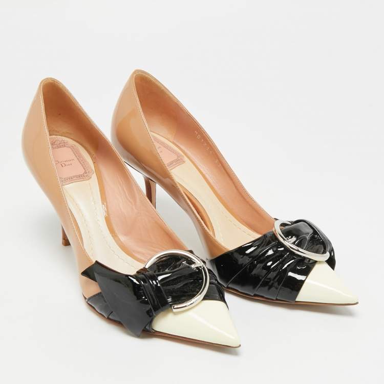 Pre Owned Dior Buckle Bow  Beige/Black Patent Leather Pointed Toe Pumps Size 37.5