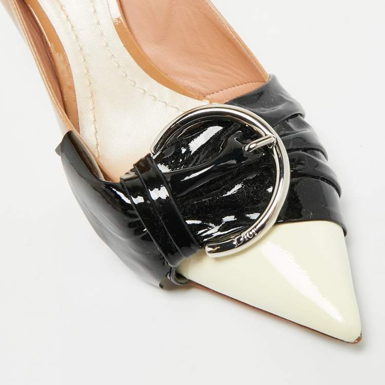 Pre Owned Dior Buckle Bow  Beige/Black Patent Leather Pointed Toe Pumps Size 37.5