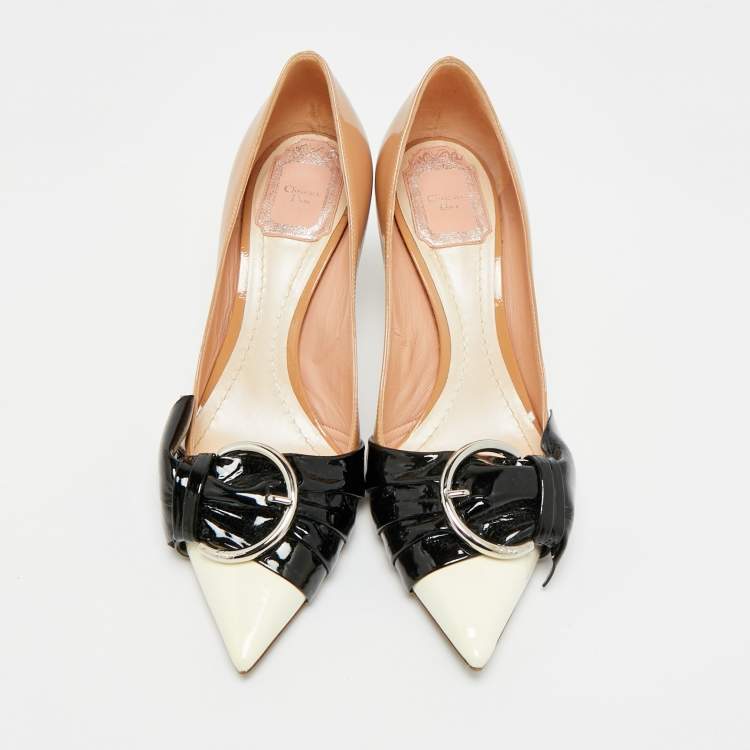 Pre Owned Dior Buckle Bow  Beige/Black Patent Leather Pointed Toe Pumps Size 37.5