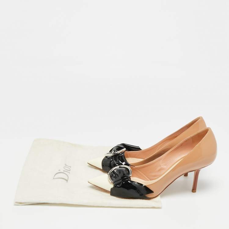 Pre Owned Dior Buckle Bow  Beige/Black Patent Leather Pointed Toe Pumps Size 37.5