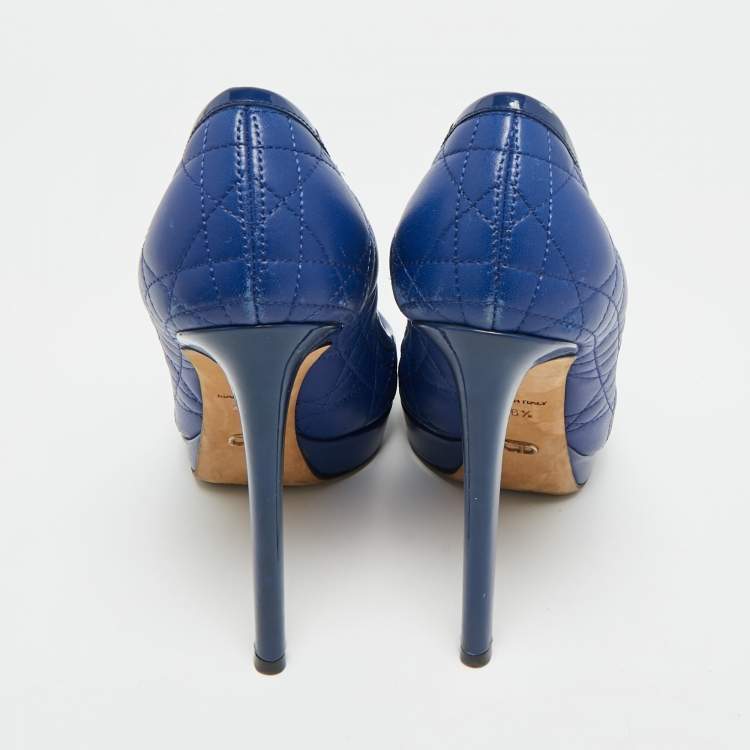 Pre Owned Dior Size 36.5 Blue Cannage Leather and Patent Leather Peep Toe Pumps