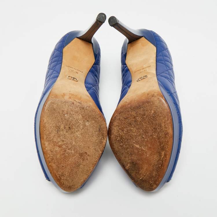 Pre Owned Dior Size 36.5 Blue Cannage Leather and Patent Leather Peep Toe Pumps