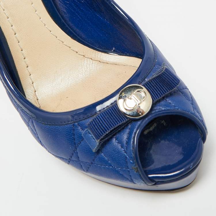 Pre Owned Dior Size 36.5 Blue Cannage Leather and Patent Leather Peep Toe Pumps