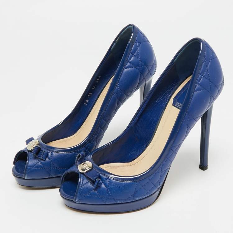 Pre Owned Dior Size 36.5 Blue Cannage Leather and Patent Leather Peep Toe Pumps