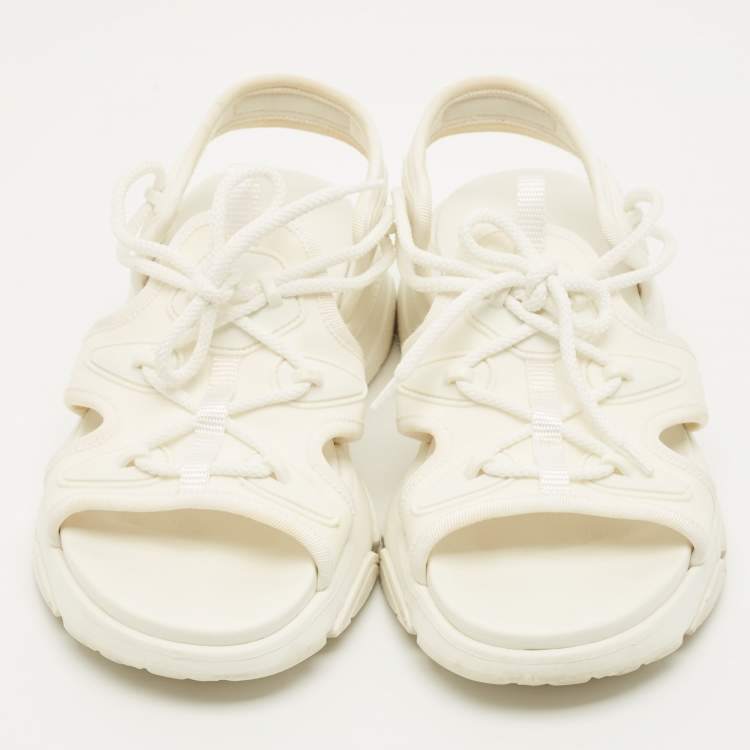 Pre Owned Dior D-Connect Size 38.5 White Fabric and Rubber Flat Sandals