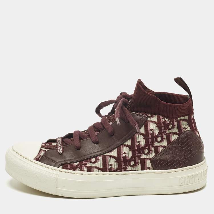 Pre Owned Dior Walk'n'Dior Size 38 Burgundy Knit Fabric and Leather Mid Top Sneakers
