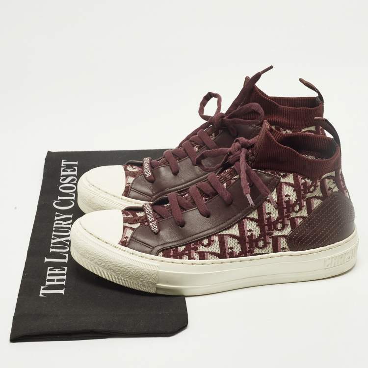 Pre Owned Dior Walk'n'Dior Size 38 Burgundy Knit Fabric and Leather Mid Top Sneakers