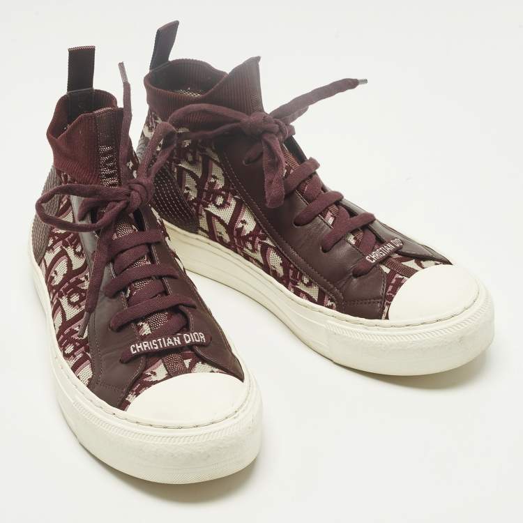 Pre Owned Dior Walk'n'Dior Size 38 Burgundy Knit Fabric and Leather Mid Top Sneakers