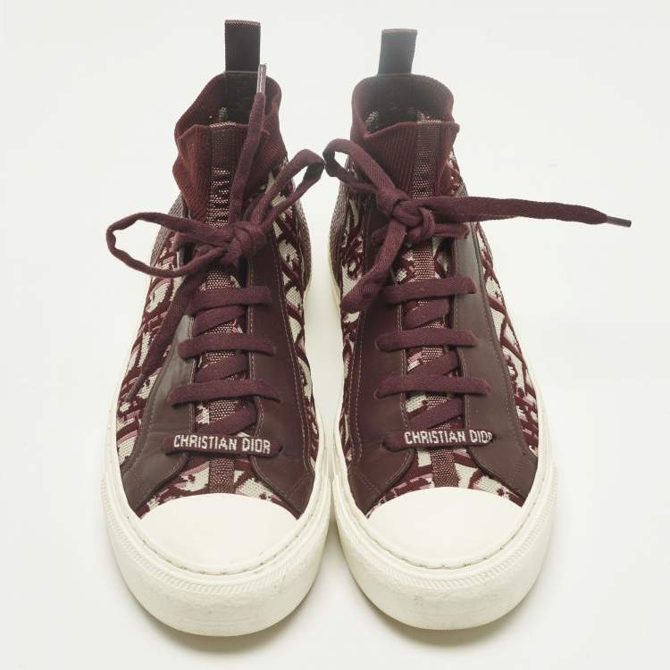 Pre Owned Dior Walk'n'Dior Size 38 Burgundy Knit Fabric and Leather Mid Top Sneakers