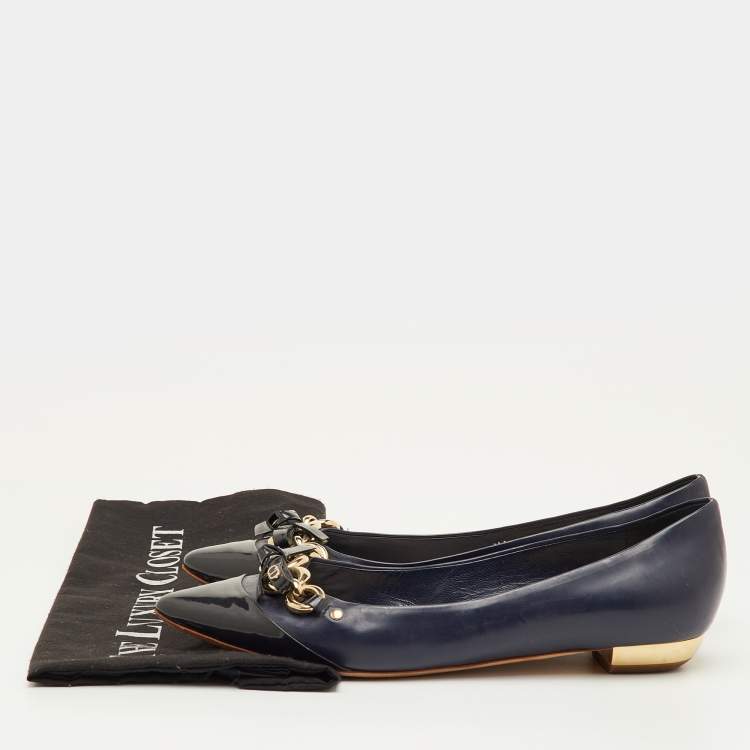 مملوكة مسبقًا Dior Size 38 Two Tone Blue Patent Leather Bow Detail Pointed Toe Ballet Flats