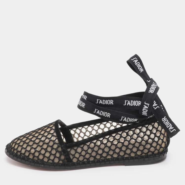 Pre Owned Dior J'Adior Size 35 Black Mesh Ankle Wrap Espadrille Flats