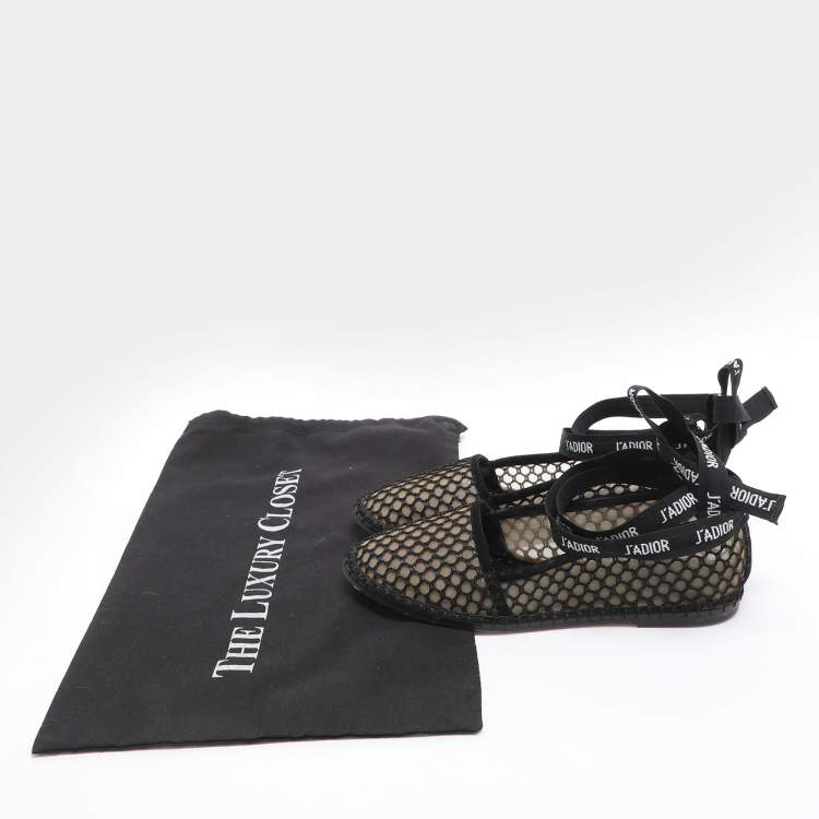 Pre Owned Dior J'Adior Size 35 Black Mesh Ankle Wrap Espadrille Flats