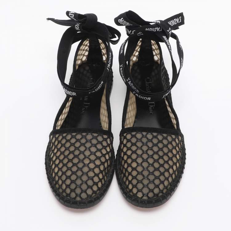 Pre Owned Dior J'Adior Size 35 Black Mesh Ankle Wrap Espadrille Flats