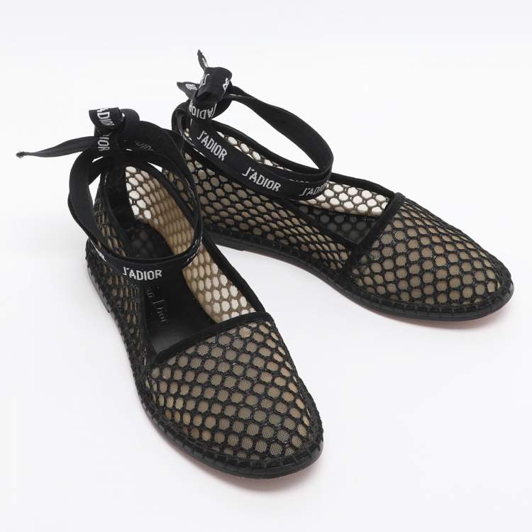 Pre Owned Dior J'Adior Size 35 Black Mesh Ankle Wrap Espadrille Flats