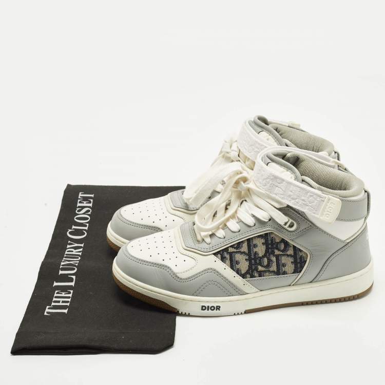 Pre Owned Dior B27 Size 38 Grey/White Oblique Jacquard and Leather High Top Sneakers