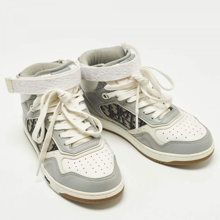 Pre Owned Dior B27 Size 38 Grey/White Oblique Jacquard and Leather High Top Sneakers